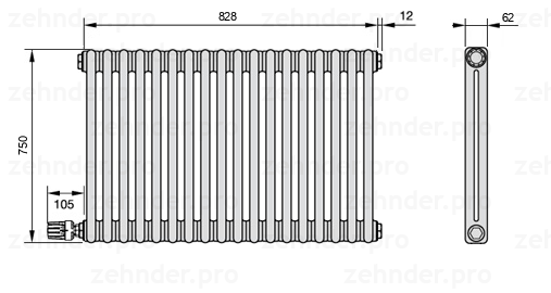 Схема (чертеж) Радиатор Zehnder Charleston 2075/18 №V004 Белый глянцевый RAL 9016